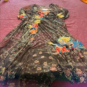 Johnny Was 2X Maxi Mesh dress Embroidered Floral dragon Accents brown black NWT